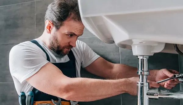 Experienced plumber repairing leaking pipe under bathroom sink during emergency plumbing service.