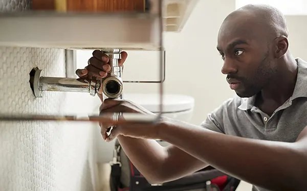 Technician repairing household water leak under sink using specialized tools in Lancaster TX.