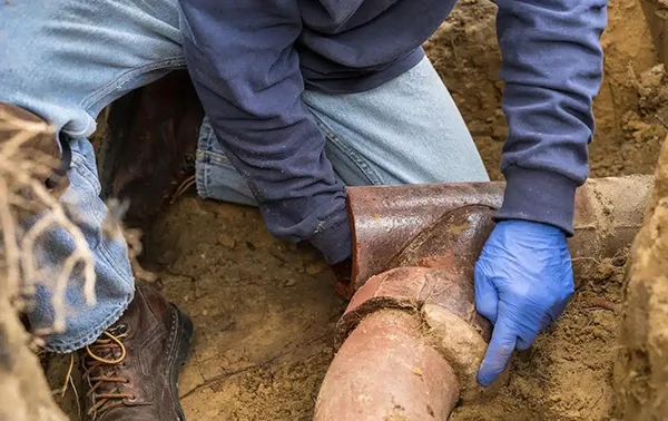 Plumber in work gloves performing emergency repair on a large underground sewer pipe.