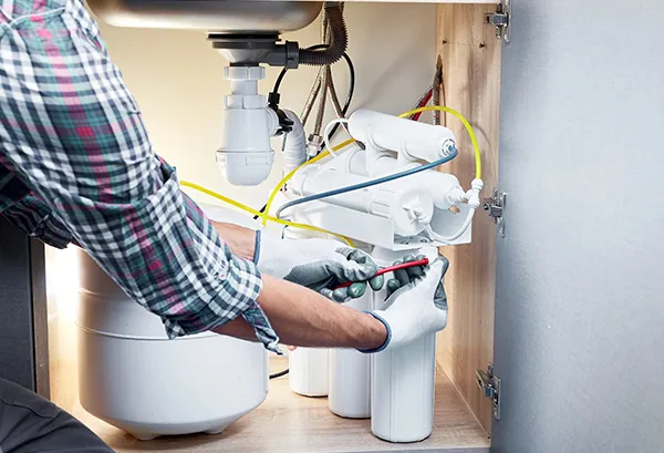 Technician installing and testing a household water purification system under sink in Heartland TX home.