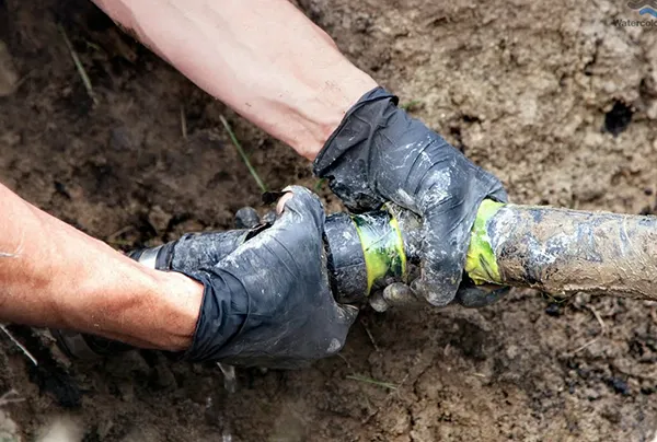 Worker wearing gloves repairing a broken underground sewer pipe in muddy soil.