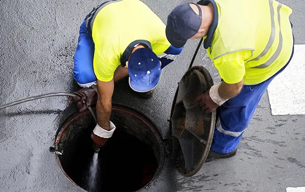 Two workers inspecting and cleaning a manhole drain in Lancaster TX for reliable drain cleaning services.