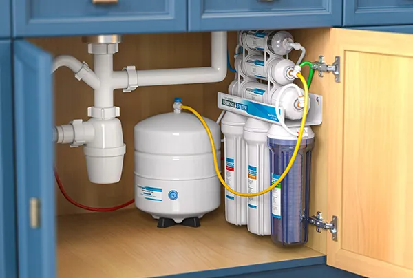 Under-sink view of whole house water filtration system with pump and plumbing in Mobile City residence.
