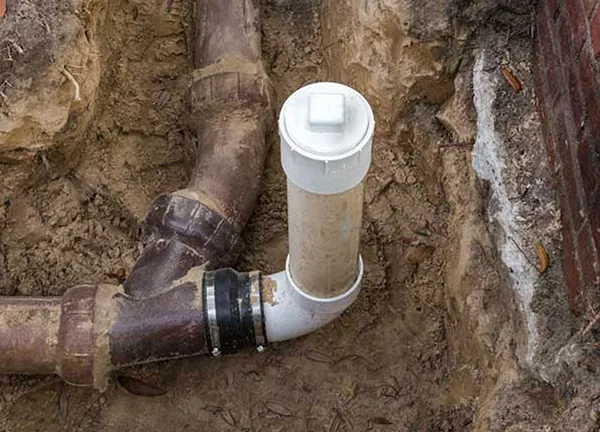 Close-up of a white plumbing pipe elbow connector installed on rusted sewer pipes in a dirt excavation.