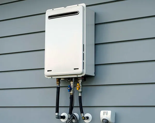 Modern tankless water heater installed on exterior wall in Mobile City TX.