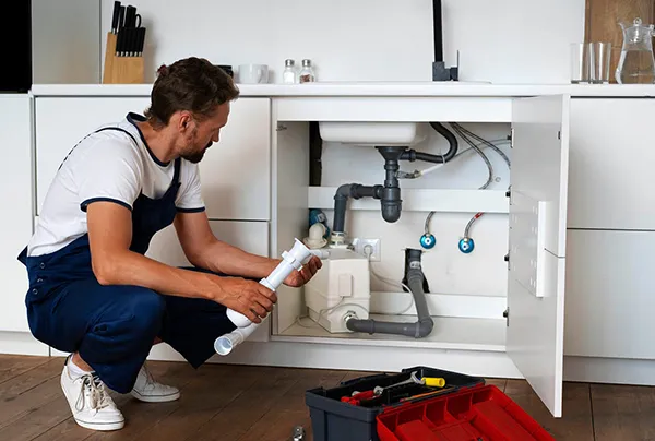Professional plumber inspecting drain pipes under sink with toolbox nearby for urgent plumbing services in Garland TX.